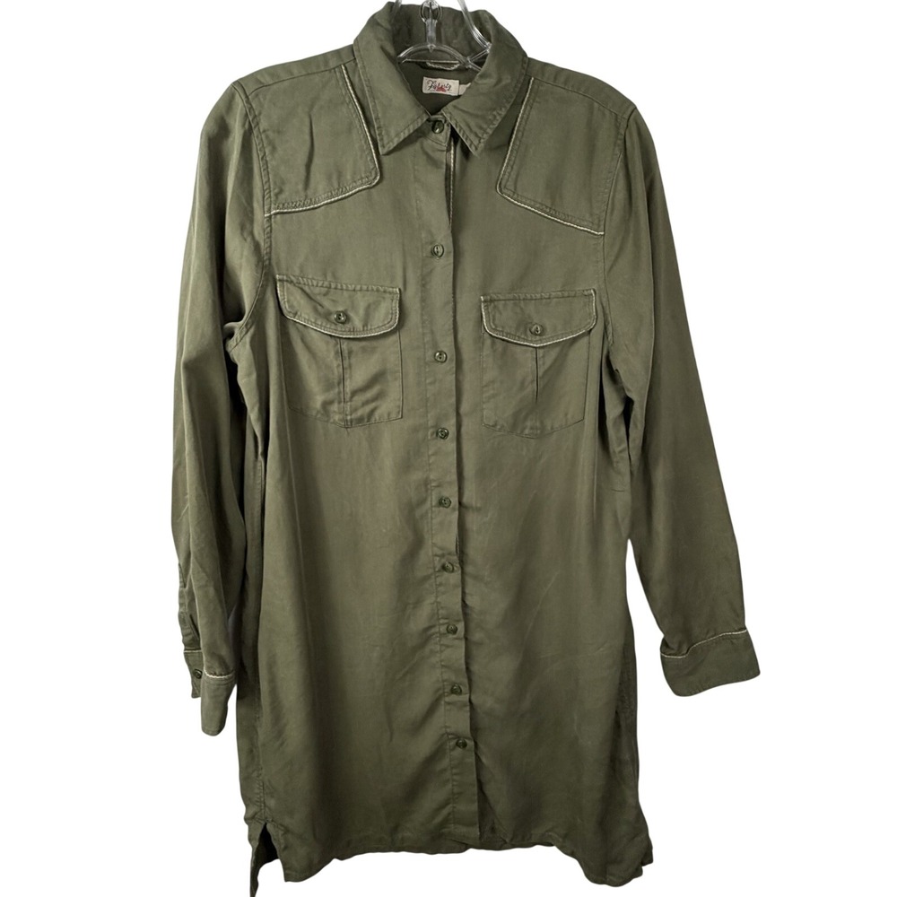 Faherty Shirt Dress Olive Army Green 100% Tencel Soft Knee Length‎ Pockets Sz S